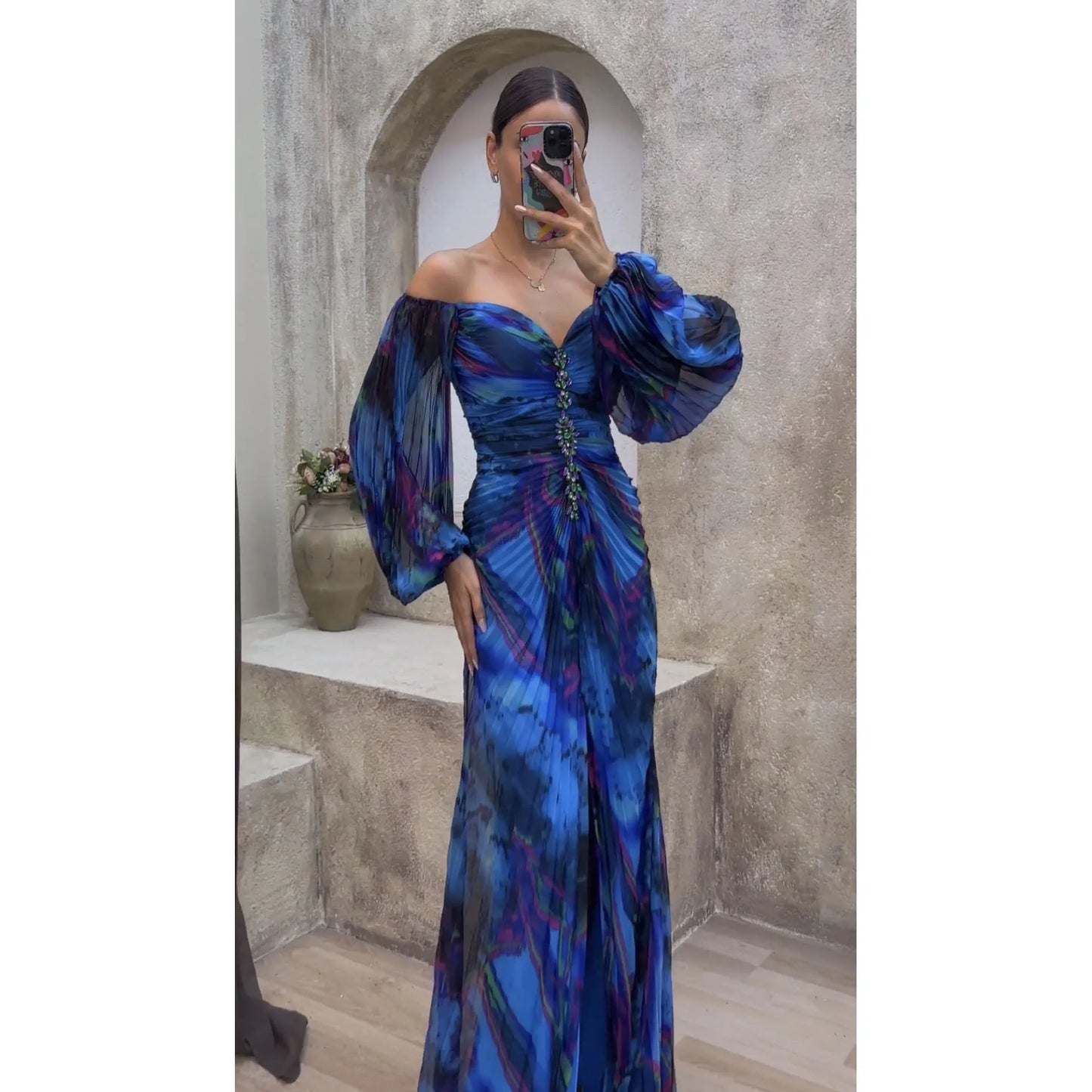 Women Floral Lantern Long Sleeve Dress Elegant Rhinestone Off Shoulder Maxi Dresses Sexy Deep V-neck Waist Split Parties Dress