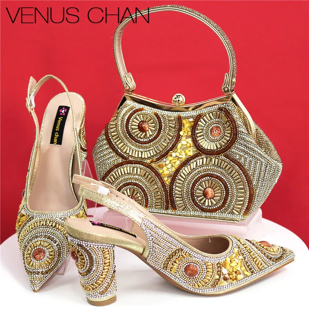 Spot Goods Elegant Streamlined Pointed Toe Women's Shoes Matching Flower Basket Handbag Party Women's Shoes And Bag Set