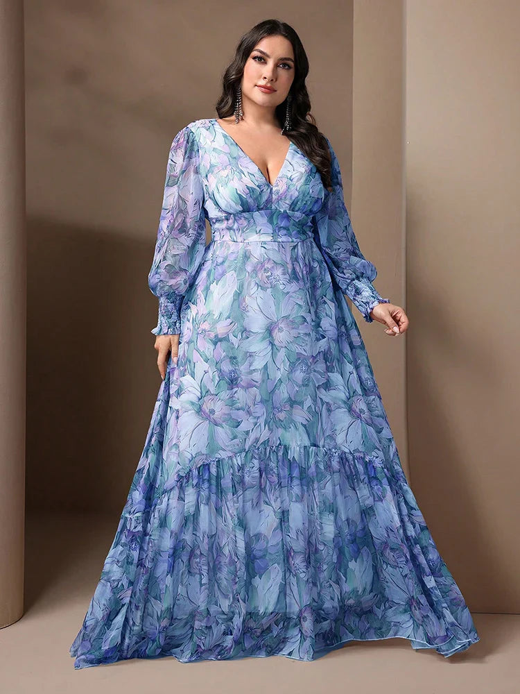 TOLEEN Plus Size Women V-Neck Lantern Sleeve Ruffle 2024 Spring Summer Casual Elegant Floral Print Vacation Party Long Dresses
