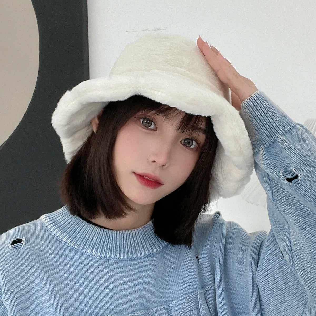 Women Girls Faux Fur Bucket Hat Plush Warm Fisherman Hat Outdoor Windproof Panama Bowl Hats Autumn Street Cold -proof Cap Hats