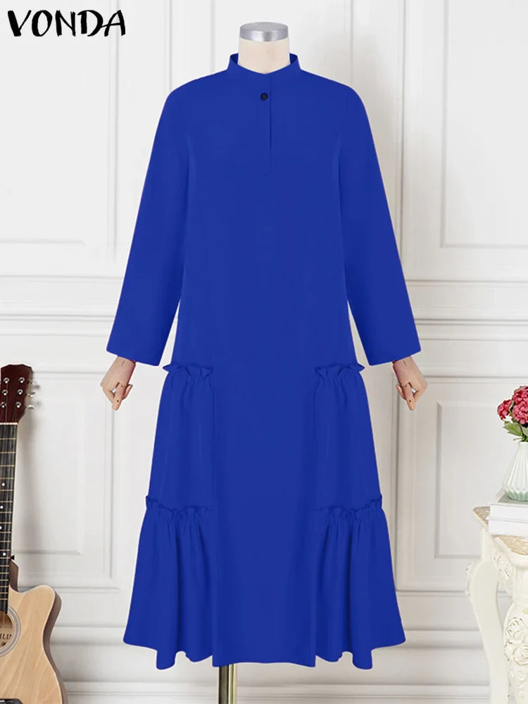 Plus Size VONDA Women Ruffled Maxi Long Dress 2024 Casual Solid Color A-Line Shirt Dress Stand Collar Long Sleeve Party Vestido