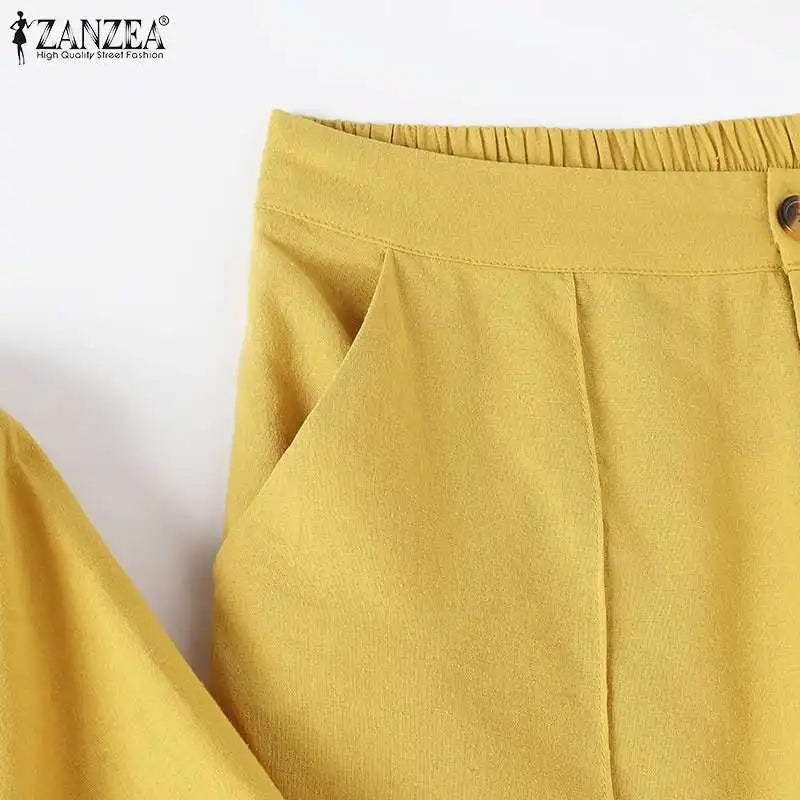 Summer Women Matching Sets ZANZEA 2PCS Elegant Short Sleeve Blouse Wide Leg Pants Fasahion OL Work Pant Sets Holiday Tracksuits