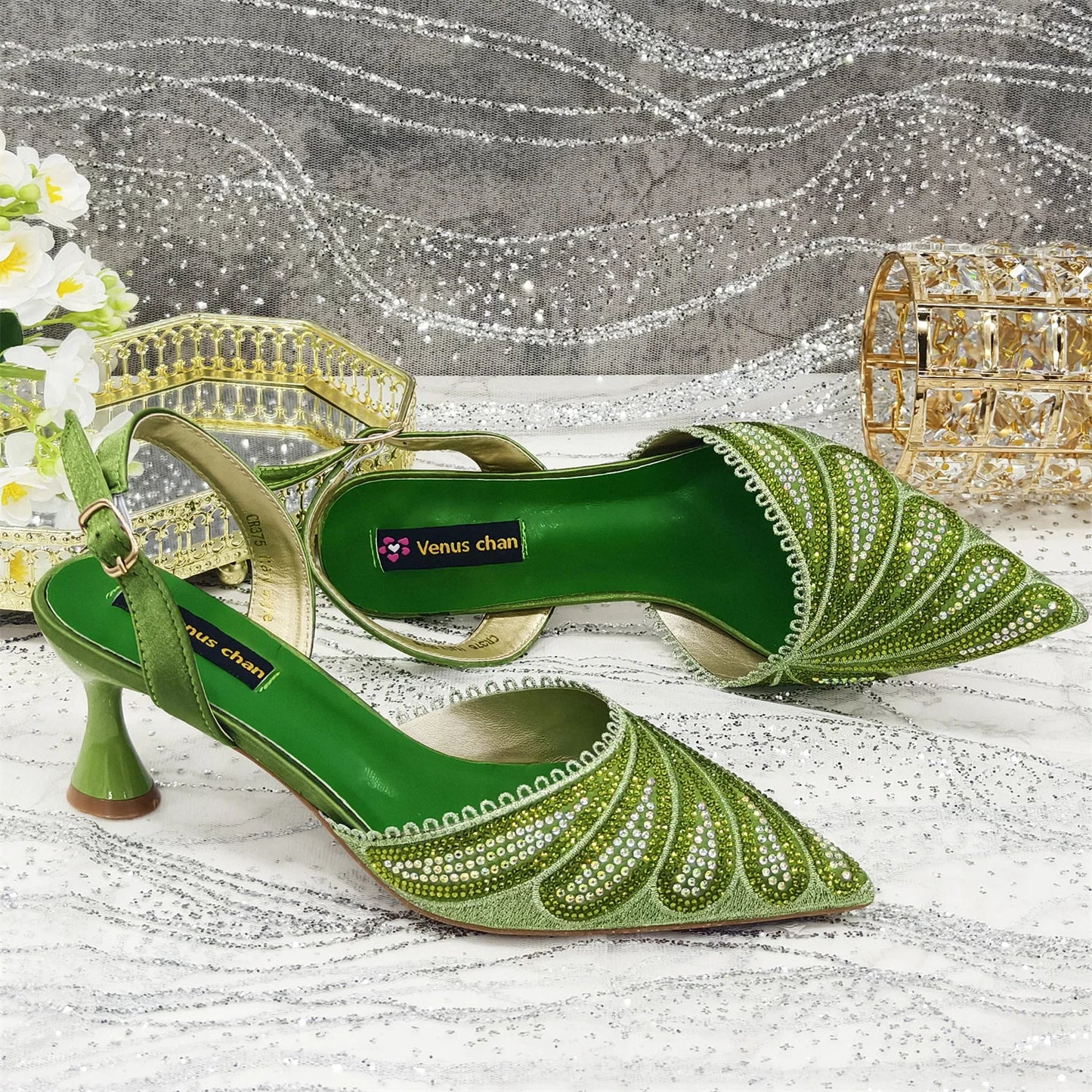 Venus Chan 2025 New Shoes and Bag to Match Orange Colour Pointed-Toe Diamond-Studded Party Women's High Heels Ms. Banguet Scene