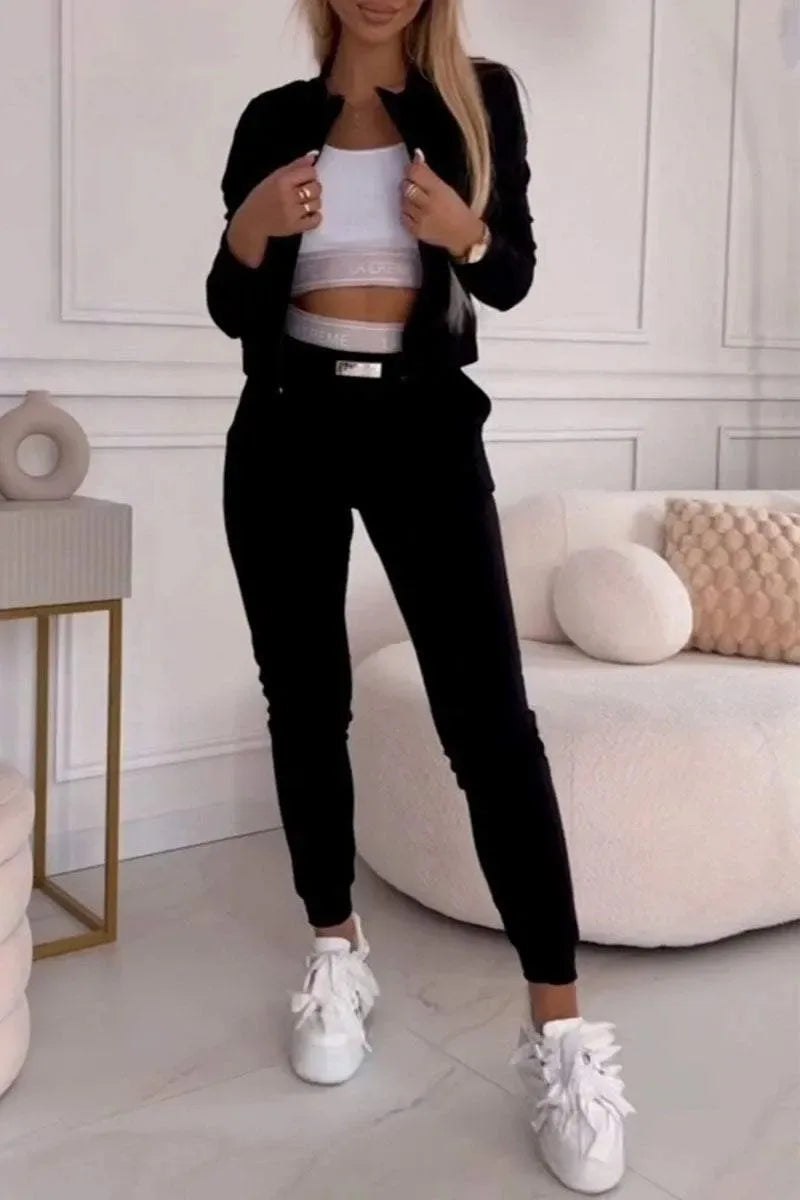 Sporty Casual Long Sleeve Zipper Solid Jacket 3 Pieces Set Women Autumn Workout Skinny Tank Tops Coat + Pants Matching Set Mujer