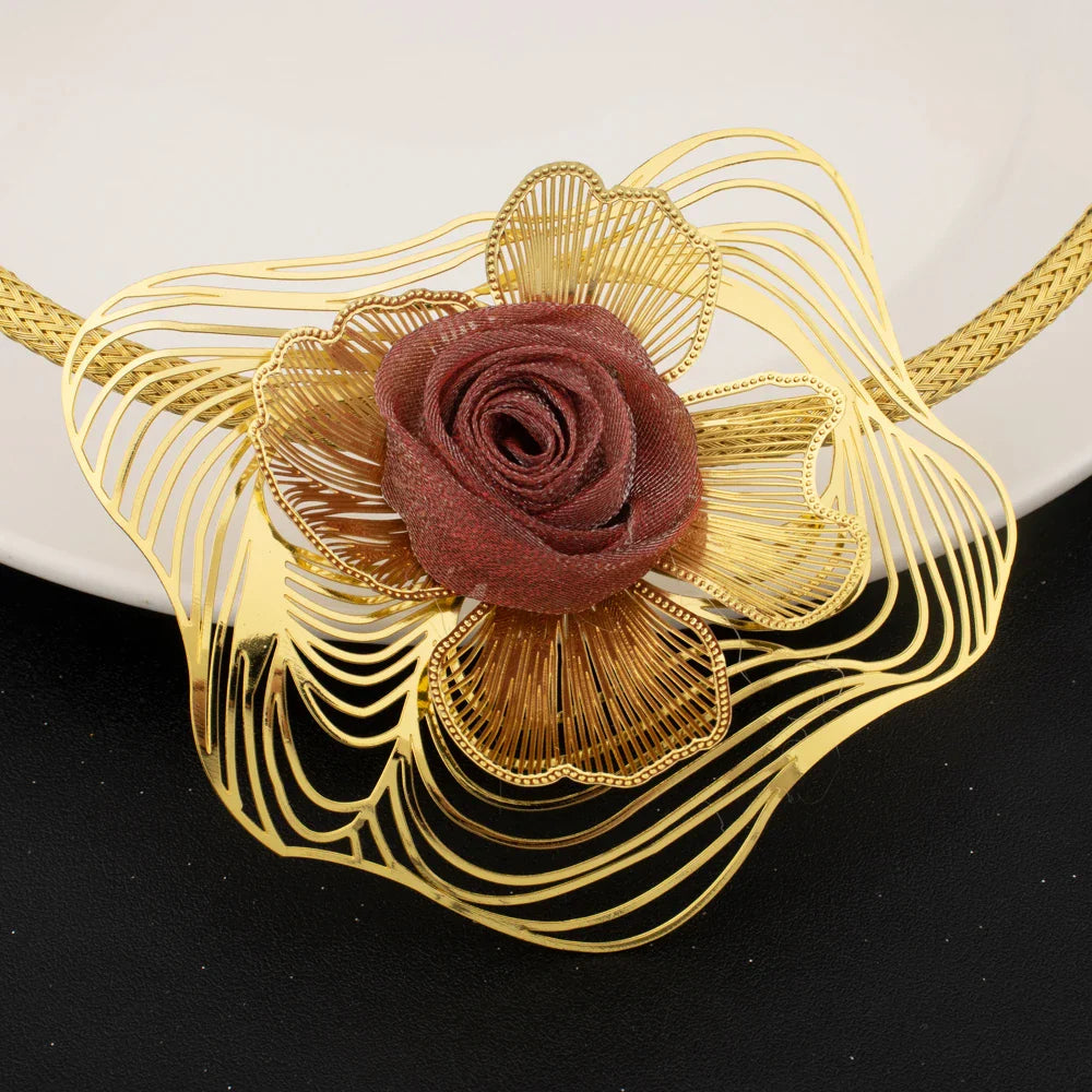 Women Gold Color Jewelry Set Braided Red Rose Design Large Pendant Unique Earrings Dubai Arab Fashion Ring Bracelet Party Gift