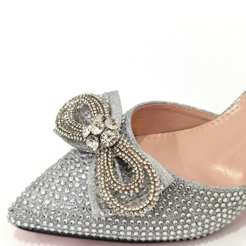 The Latest Style Rhinestone Bow Side Empty Party High Heels Pointed Toe Stiletto Heels Silver Women's Shoes And Bags