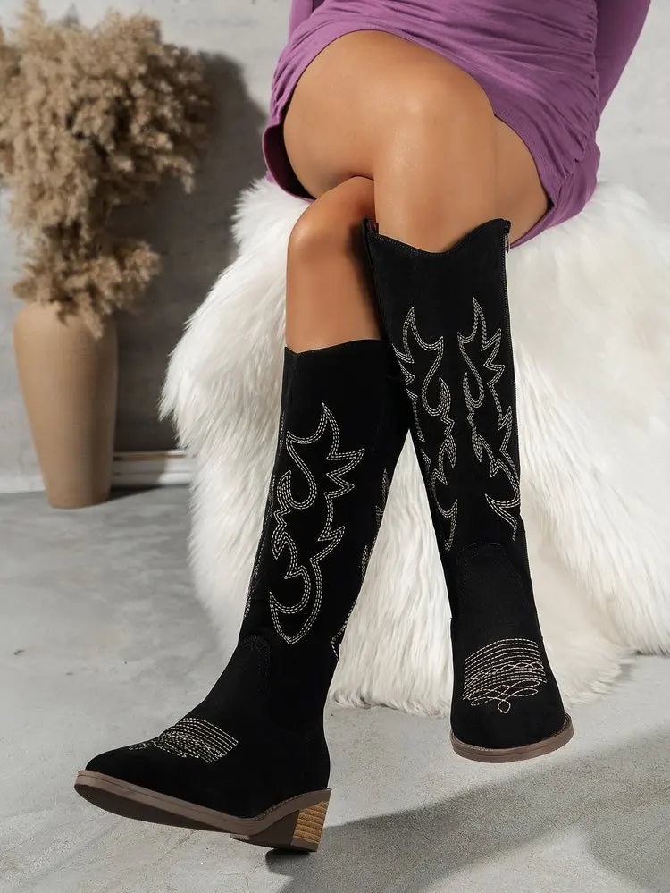 Women Chelsea Cowboy Knee High Boots for Women Mid Heels Walking Shoes Winter Fashion Zipper Chunky Boots Pumps Punk High Botas