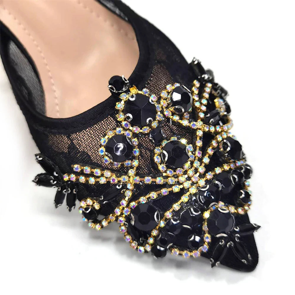 Venus Chan Nigerian Elegant Lace Net Style Green Crystal Low Heel Shoes And Three-Dimensional Mini Bag Commuter Women's Shoes