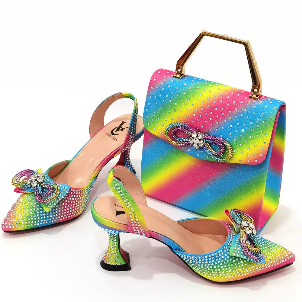 The Latest Style Rhinestone Bow Side Empty Party High Heels Pointed Toe Stiletto Heels Silver Women's Shoes And Bags