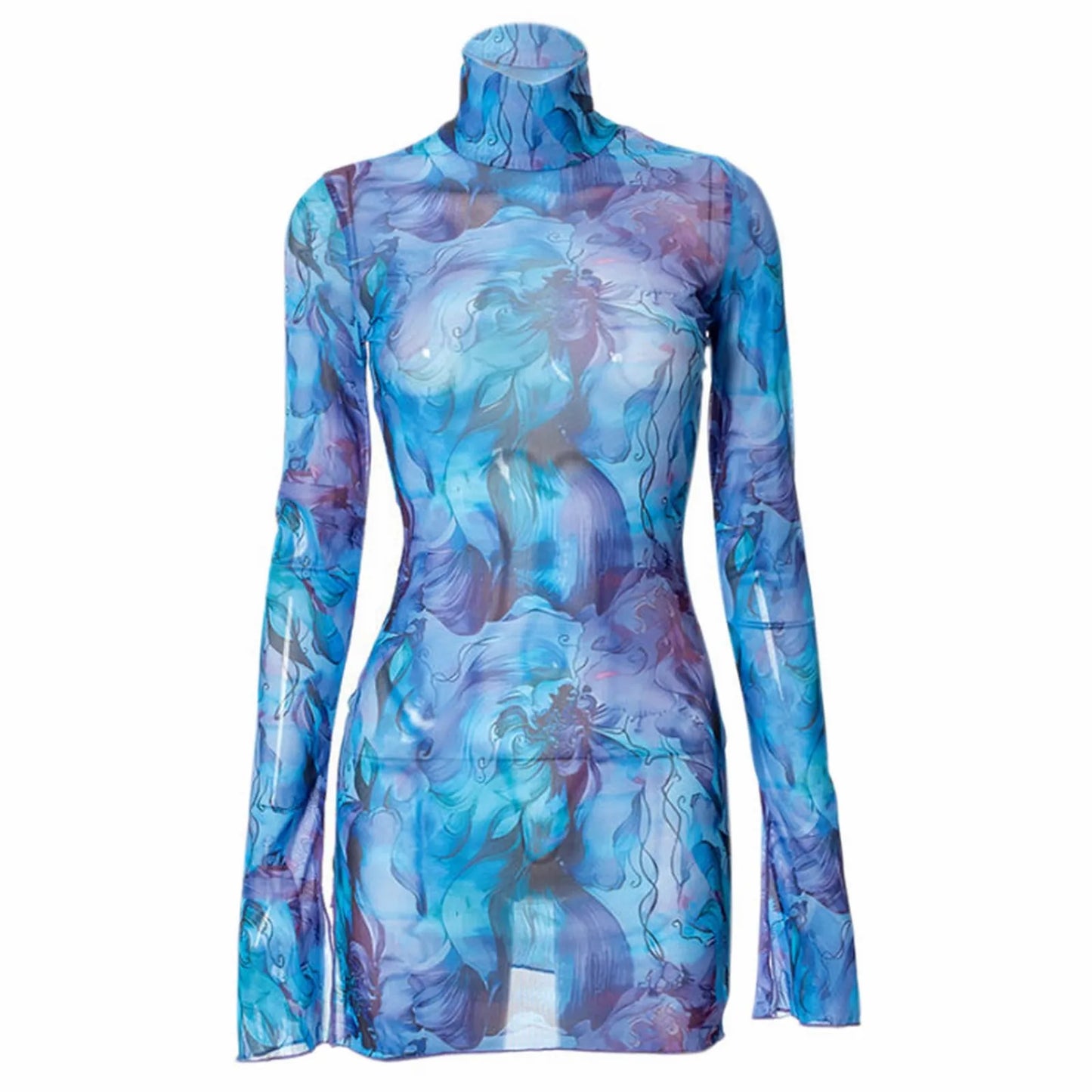 Top Selling Mesh Printed Round Neck Womens Dresses For Teens Plus Size Bell Sleeve Side Open Hip Dress Vestidos Para Mujer