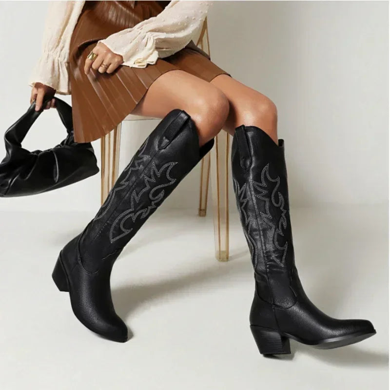 Pointed Toe Knight Boots for Women Brown PU Leather Knee High Boots Woman Autumn Winter Western Cowboy Long Botas Mujer 2024