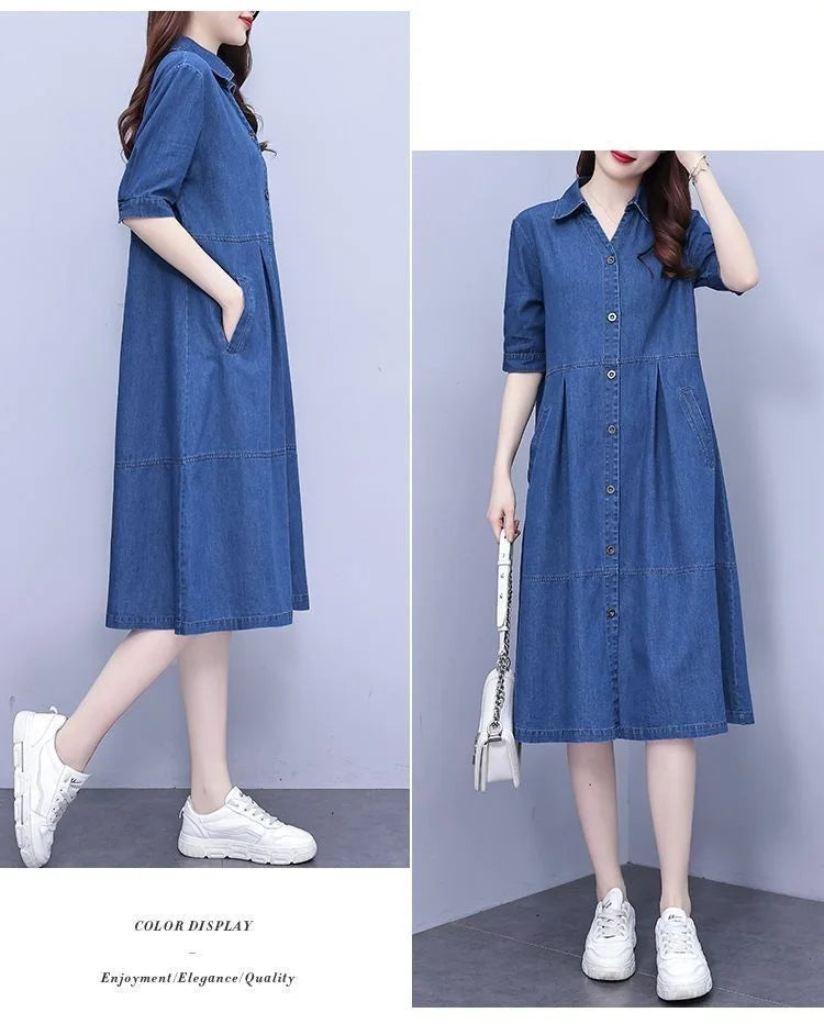 Oversized 5XL Single Breasted Denim Dress For women 2024 Summer New Short sleeved Shirt Denim Dresses Female Casual Clothes