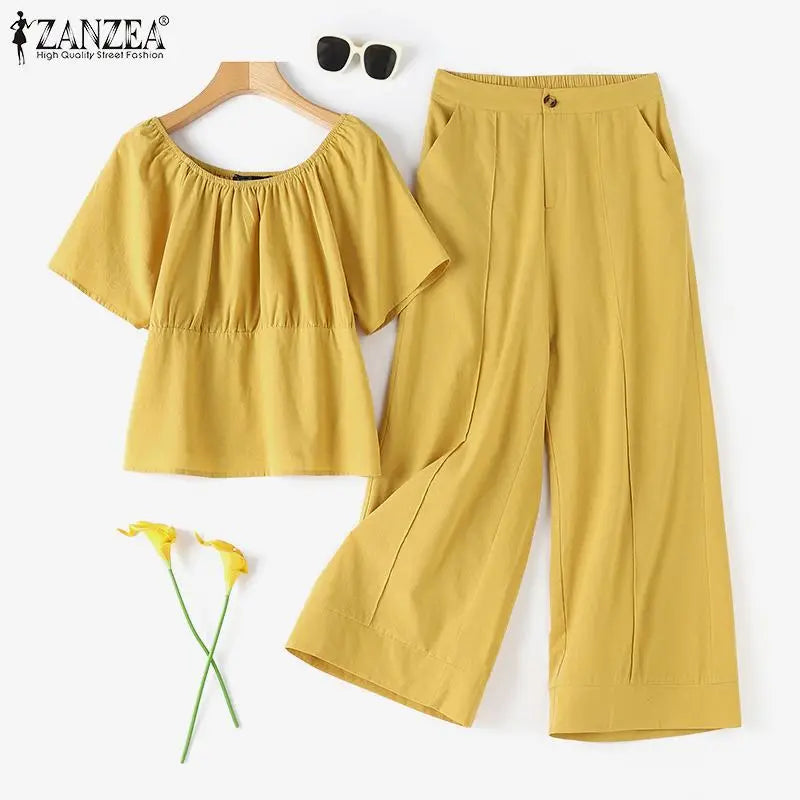 Summer Women Matching Sets ZANZEA 2PCS Elegant Short Sleeve Blouse Wide Leg Pants Fasahion OL Work Pant Sets Holiday Tracksuits