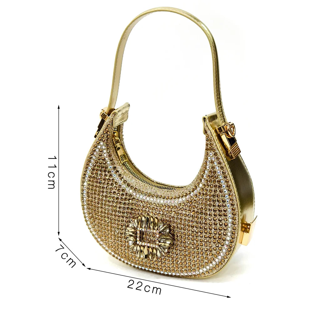 Venus Chan Luxury Rhinestone Heel & Handbag Set – Black & Gold Party Combo