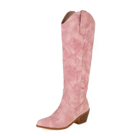 Pointed Toe Knight Boots for Women Brown PU Leather Knee High Boots Woman Autumn Winter Western Cowboy Long Botas Mujer 2024
