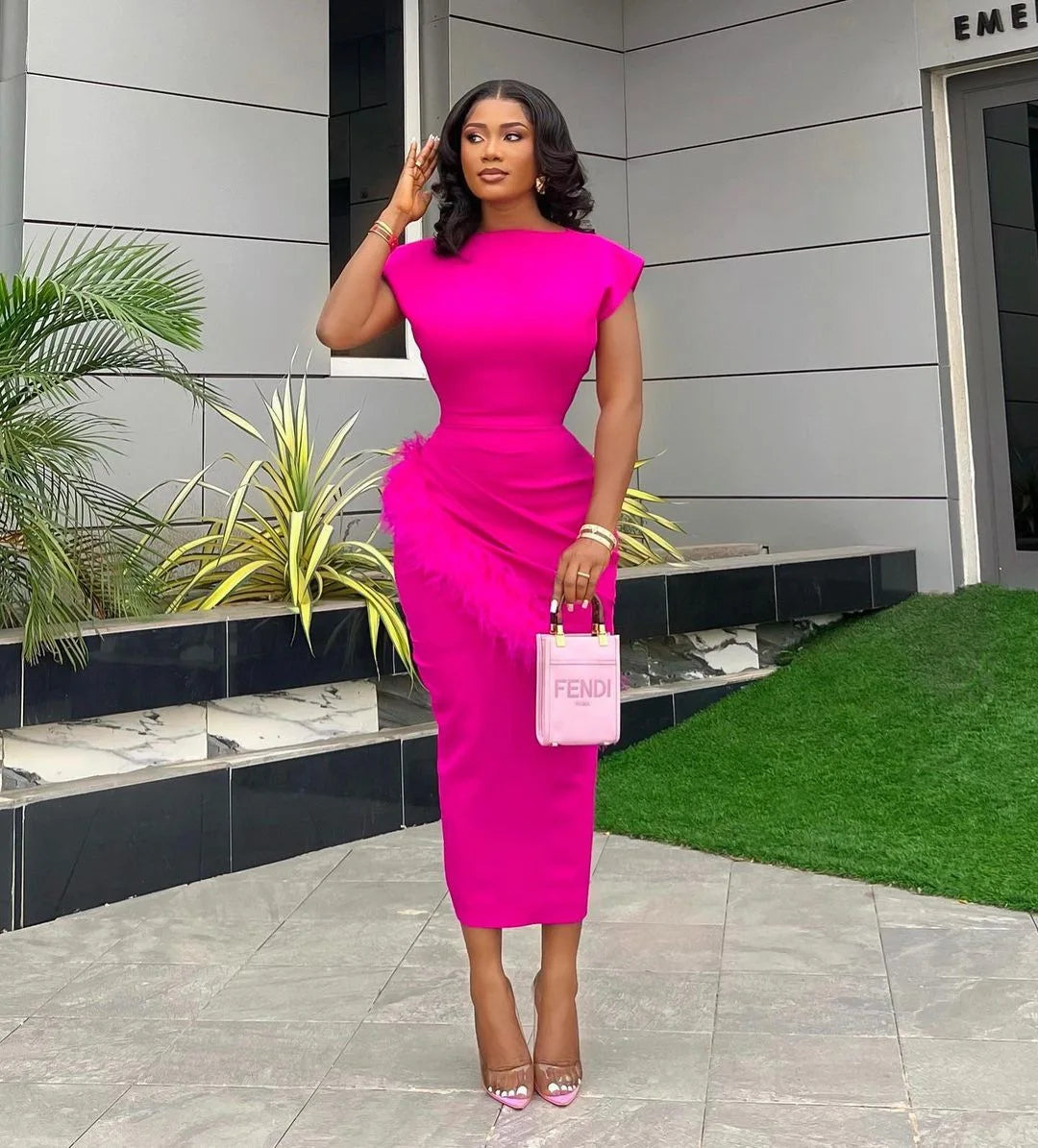 Women Dresses O Neck Pullover Solid Sexy Wrap Buttocks Vestidos Ankle Length Office Lady Dress Slim Fit Sheath Feathers