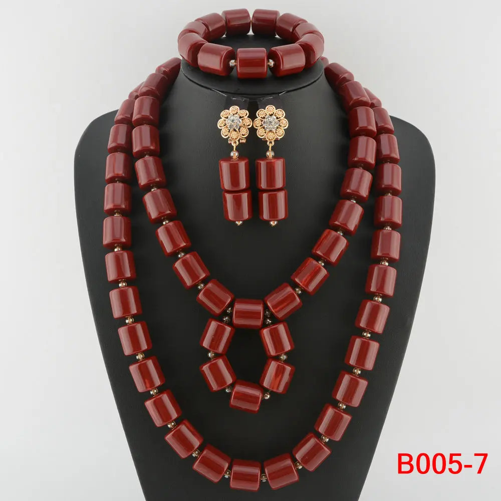 Nigeria Wedding Jewelry Set Imitation Coral Beads Golden Pendant Necklace for Women Resin Material African Bride Accessorise