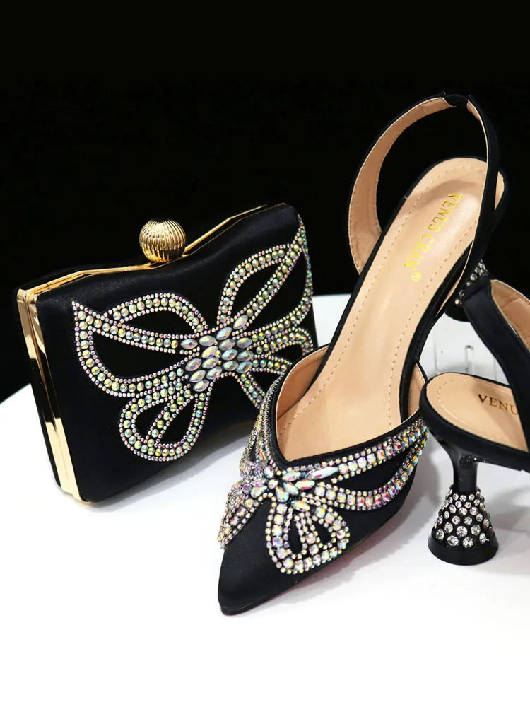 Venus Chan 2023 Yellow Classy Bowknot Pointed Toe Women's Shoes High Heel Elegant Sandals Shallow Mouth Shoes Bag Set Women