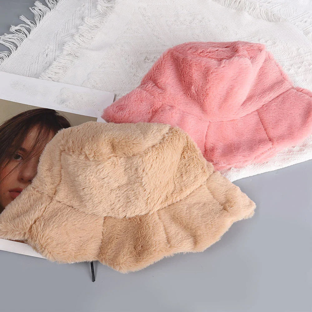Women Girls Faux Fur Bucket Hat Plush Warm Fisherman Hat Outdoor Windproof Panama Bowl Hats Autumn Street Cold -proof Cap Hats