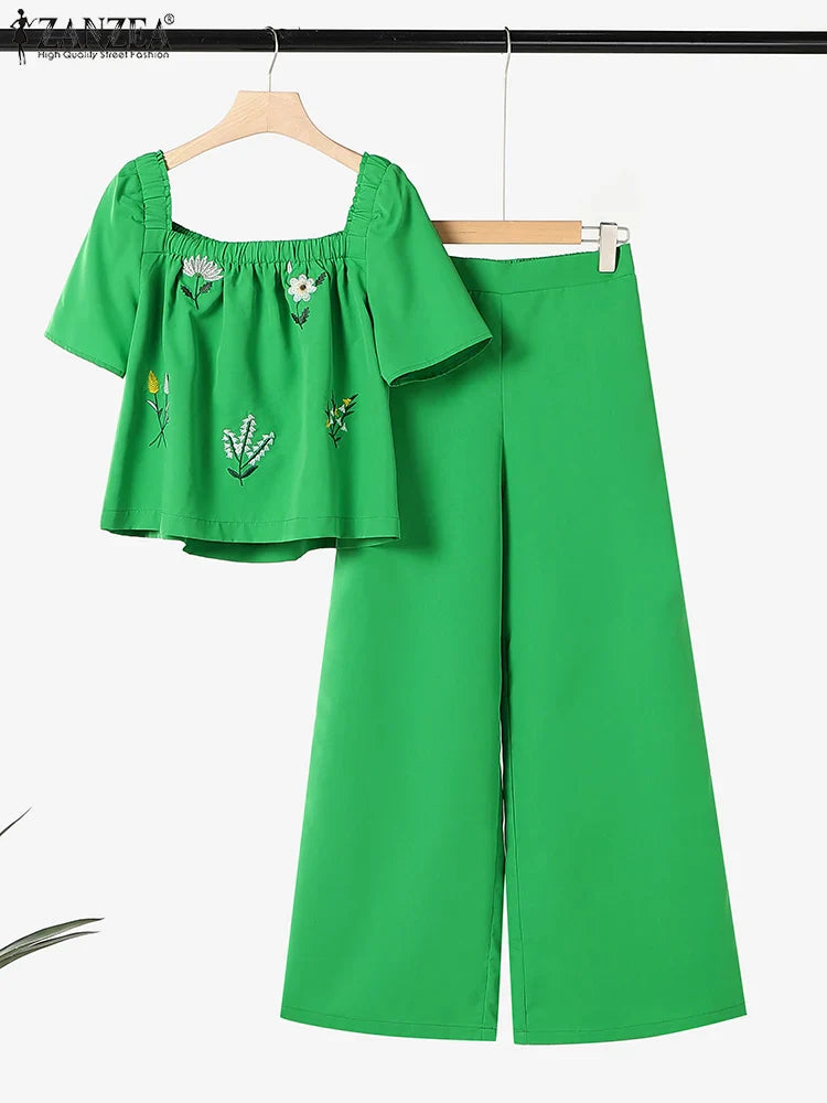 ZANZEA Women Short Sleeve Square Collar Tops Elastic Waist Pant Sets Summer Outfits Elegant Floral Embroidery Two Piece Suts