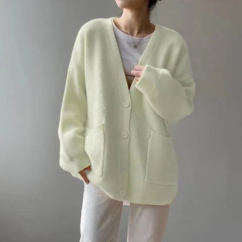 Rimcoy 2025 Chic Yellow Sweater Cardigan Women Lazy Wind Single-Breasted Knitted Cardigan Women Solid V Neck Cardigans Female