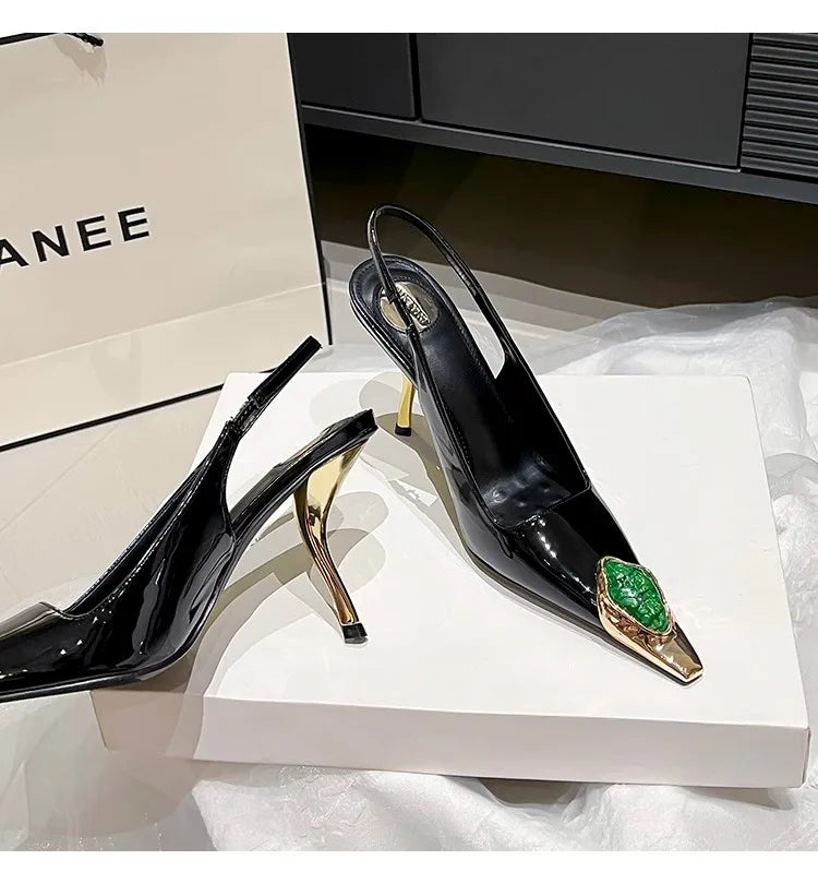 Women's Gem Metal Pointed Temperament High Heels with Sexy Empty Sandals