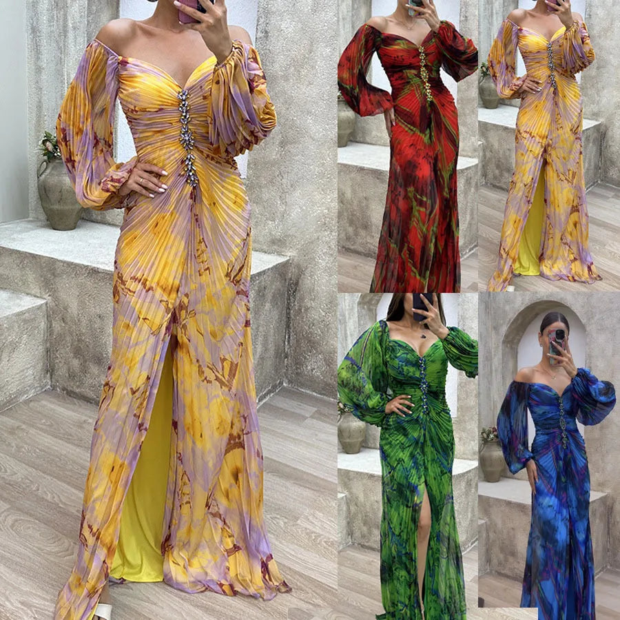 Women Floral Lantern Long Sleeve Dress Elegant Rhinestone Off Shoulder Maxi Dresses Sexy Deep V-neck Waist Split Parties Dress