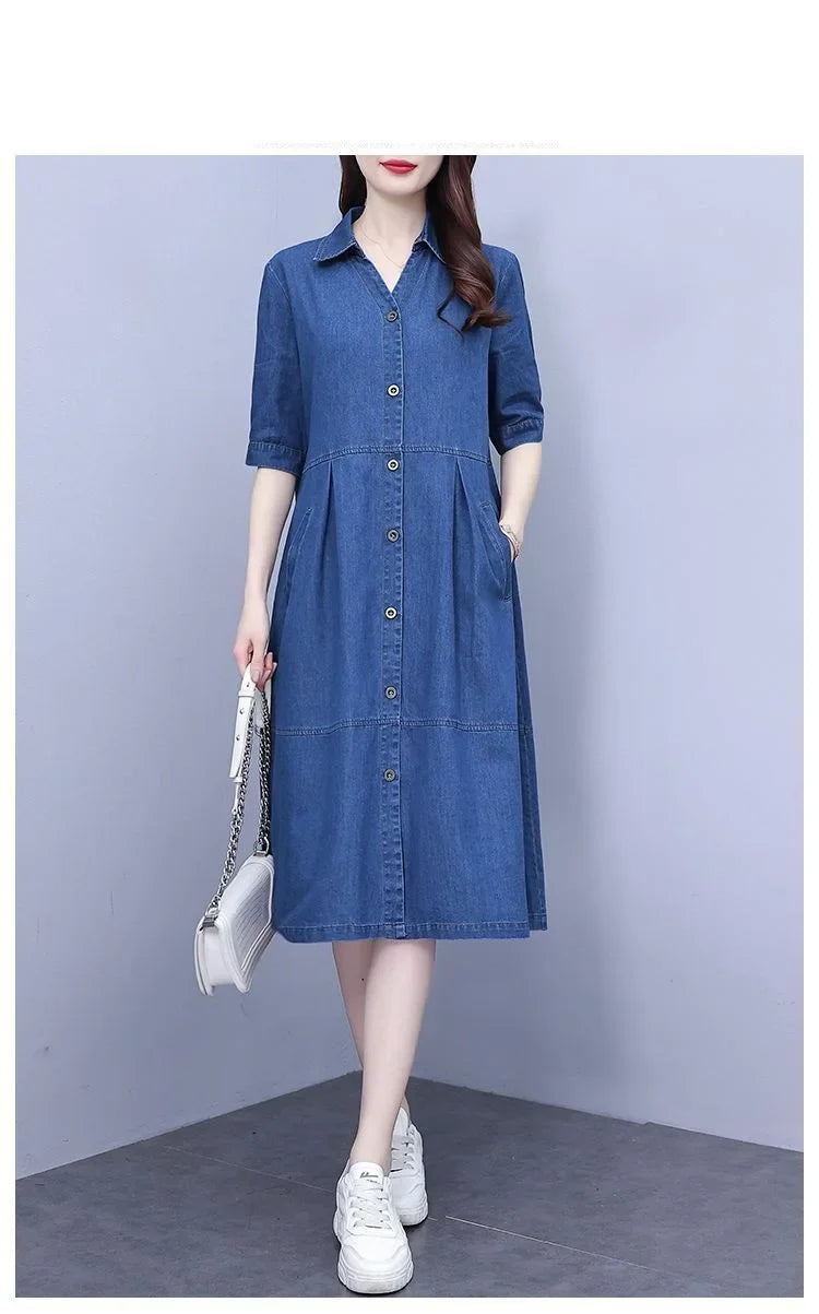 Oversized 5XL Single Breasted Denim Dress For women 2024 Summer New Short sleeved Shirt Denim Dresses Female Casual Clothes