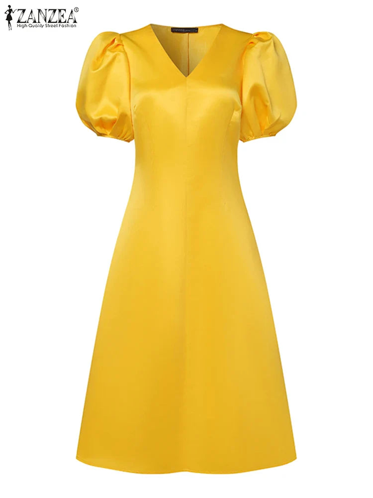 ZANZEA Woman Elegant Party Dress Summer Puff Sleeve V-Neck Dresses Fashion Solid Sundress Vintage A Line Vestidos Oversized 2024