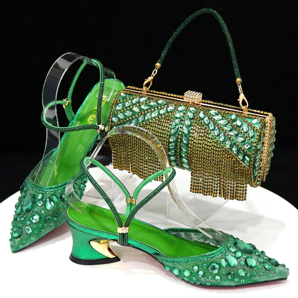 Venus Chan Pointed Toe Heels for Women Party Green Color Full Diamond Lace Matching Design Italian Shoe and Bag Set Designer