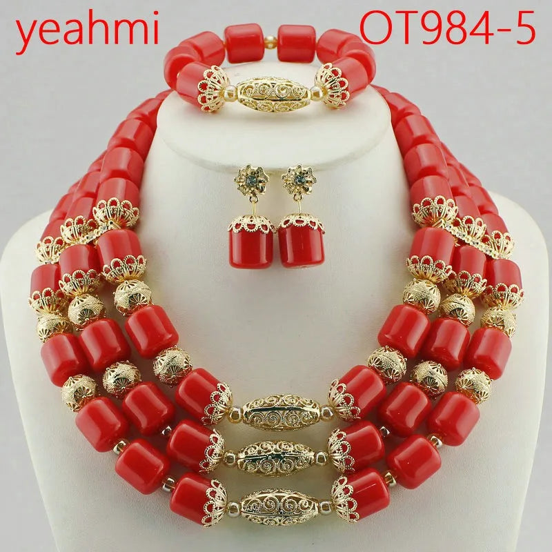 Nigeria Wedding Jewelry Set Imitation Coral Beads Golden Pendant Necklace for Women Resin Material African Bride Accessorise