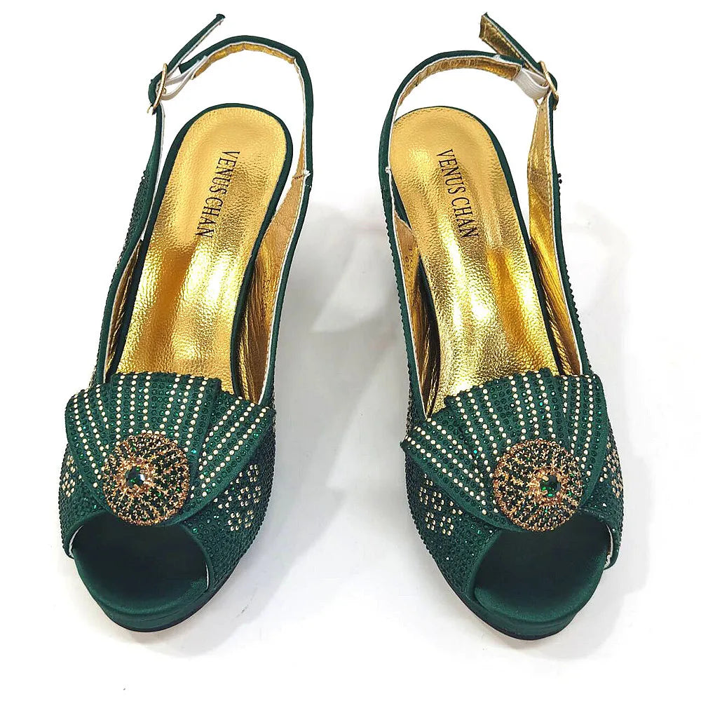 Venus Chan 2024 Italian Design Girly Style Golden Color Wedding Shoes And Bag Full Diamond Decoration Metal Closure Bags