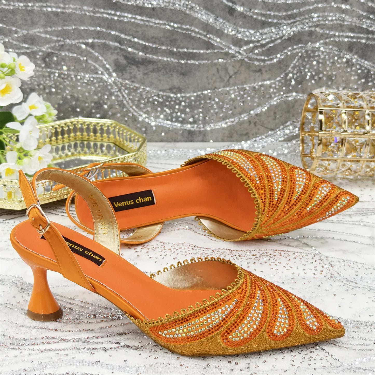 Venus Chan 2025 New Shoes and Bag to Match Orange Colour Pointed-Toe Diamond-Studded Party Women's High Heels Ms. Banguet Scene