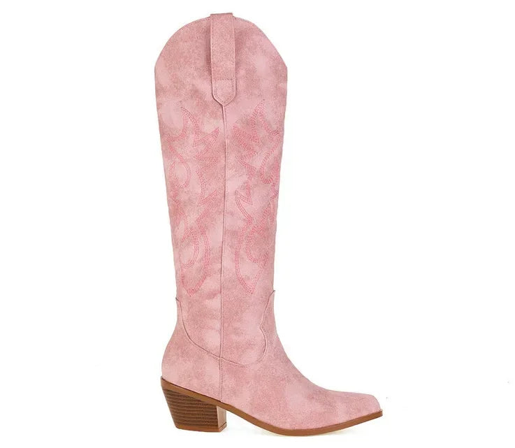 Pointed Toe Knight Boots for Women Brown PU Leather Knee High Boots Woman Autumn Winter Western Cowboy Long Botas Mujer 2024