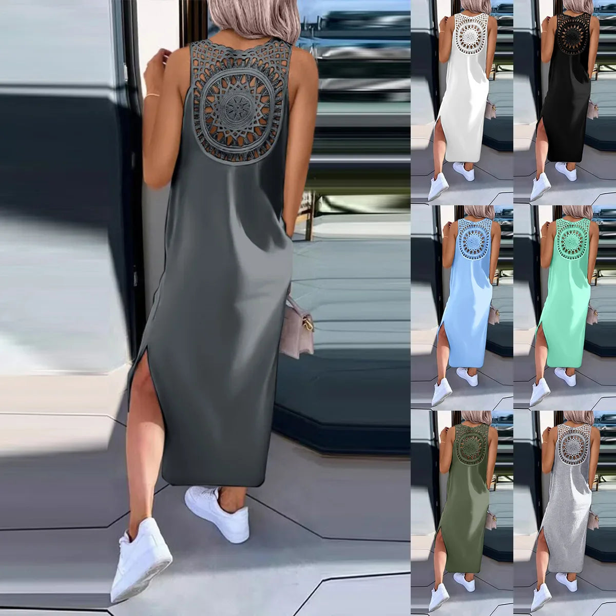 Sexy Backless Sleeveless Solid Midi Dress Women 2024 Summer Casual White Lace Long Dresses For Women Robe Femme