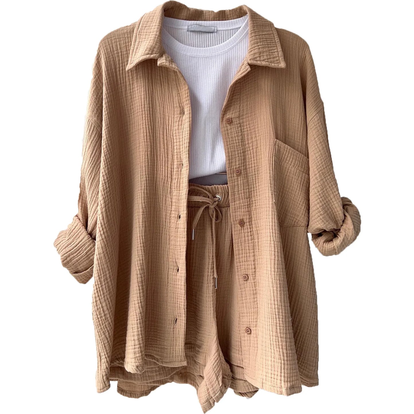 Women's Short Sets 2 Pcs Sale Grass Green Loose Button Cardigan Blouse Coats & Drawstring Wide Leg Loose Short Pant Suits