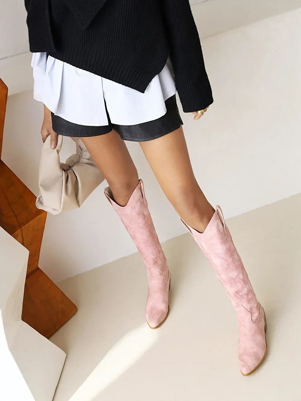 Pointed Toe Knight Boots for Women Brown PU Leather Knee High Boots Woman Autumn Winter Western Cowboy Long Botas Mujer 2024