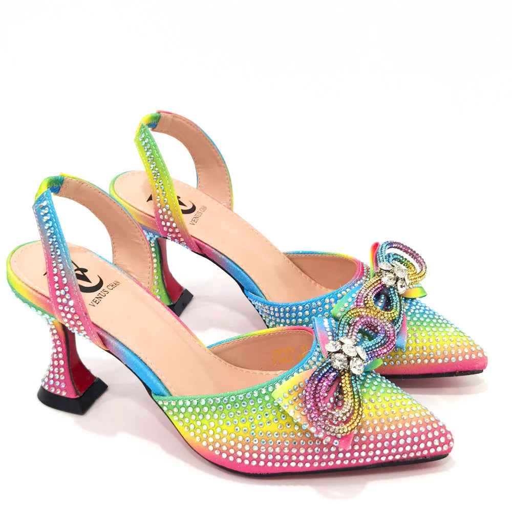 The Latest Style Rhinestone Bow Side Empty Party High Heels Pointed Toe Stiletto Heels Silver Women's Shoes And Bags