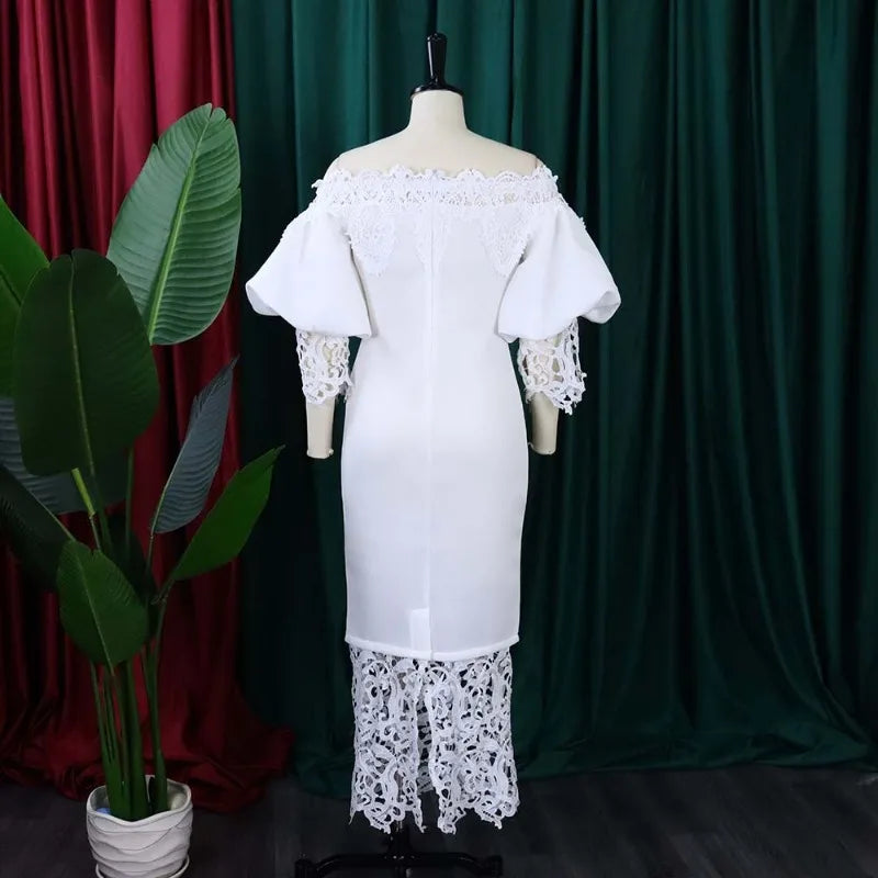 Trend Fashion Lace Midi Dress Women Slash Collar Short Sleeve Stitching Off-Neck Dress High Waist Solid Color Bodycon Sexy Dress