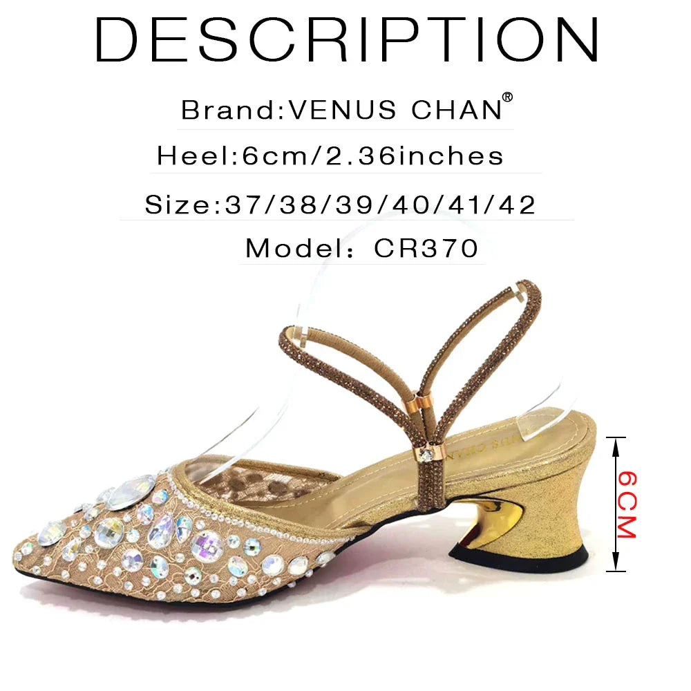 Venus Chan Pointed Toe Heels for Women Party Green Color Full Diamond Lace Matching Design Italian Shoe and Bag Set Designer