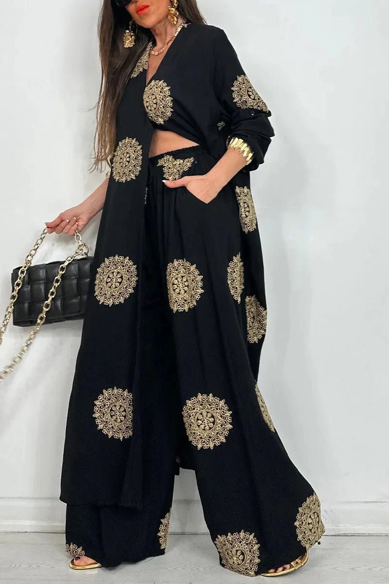 Women's Loose Long Vintage Printed Robe Set Spring Summer Casual Button Shirt Blouses Wide Legs Pants Oversized Two-piece Outfit
