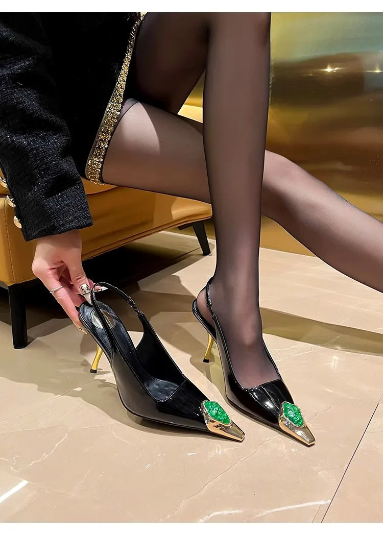 Women's Gem Metal Pointed Temperament High Heels with Sexy Empty Sandals
