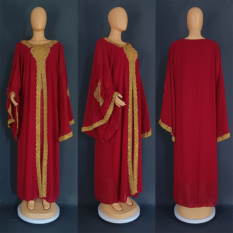 Two Piece Set Dress African Dresses for Women 2023 Traditional Gold Embroidery Clothing Islam Kaftan Abaya Musulman Robe Femme