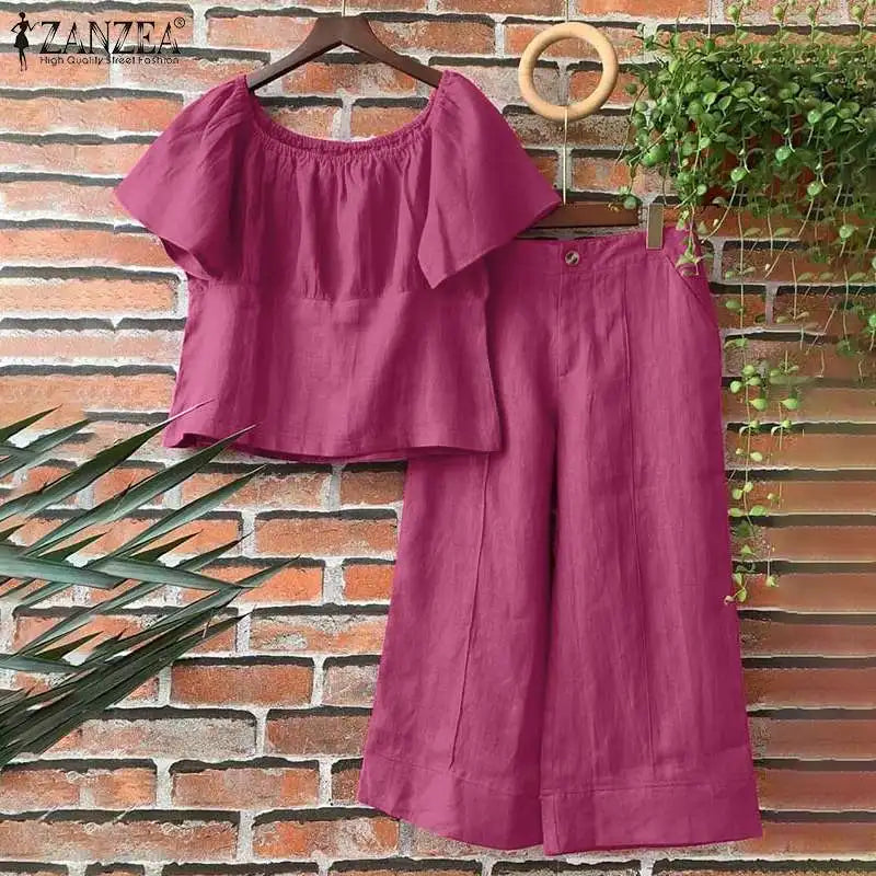Summer Women Matching Sets ZANZEA 2PCS Elegant Short Sleeve Blouse Wide Leg Pants Fasahion OL Work Pant Sets Holiday Tracksuits