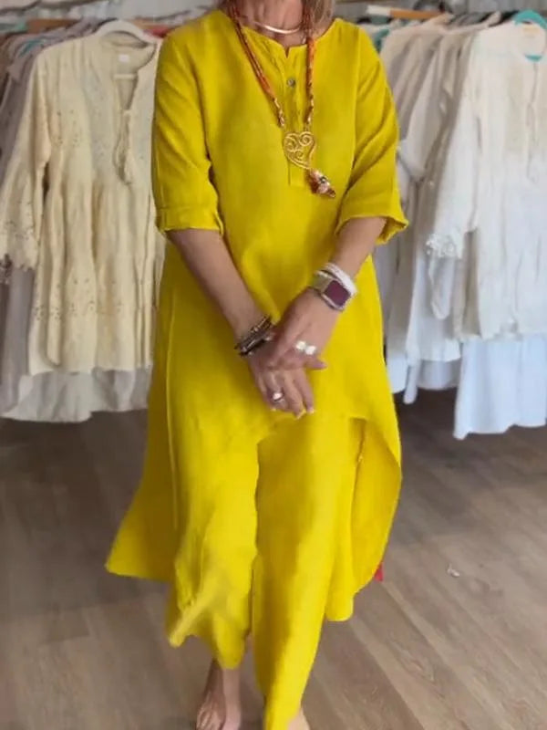 Plus Size Women Casual Linen Two Piece Sets 2024 New Summer Vintage Long Blouse and Wide Leg Pants Suits Female Tracksuits Set