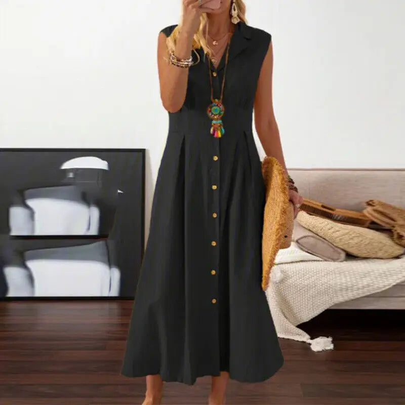 Women Cotton Linen Long Dress Summer Sleeveless Buttons Turn-down Collar Shirt Dress Loose Neck Temperament Office Dresses 2024