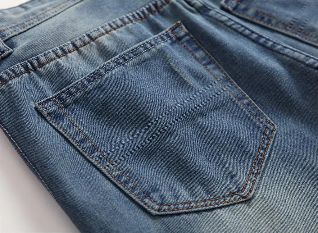 Vintage Distressed Slim Fit Men's Denim Jeans with Button Fly