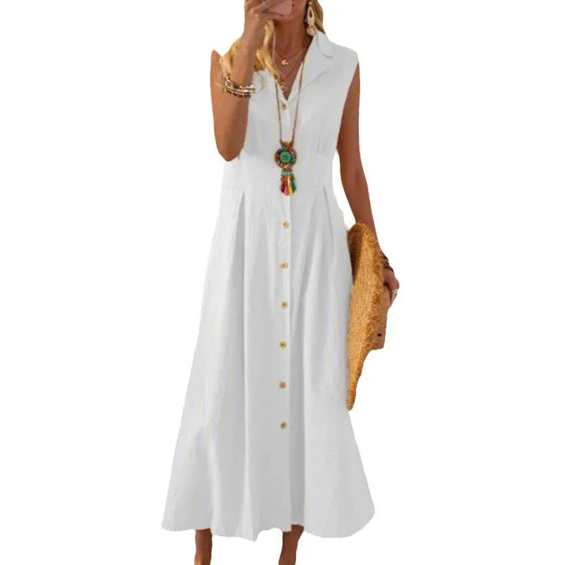Women Cotton Linen Long Dress Summer Sleeveless Buttons Turn-down Collar Shirt Dress Loose Neck Temperament Office Dresses 2024