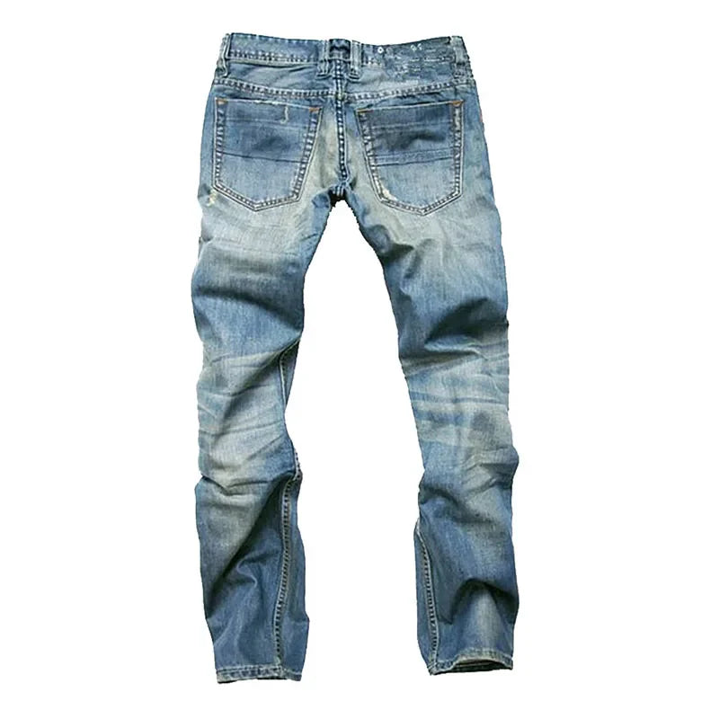 Vintage Distressed Slim Fit Men's Denim Jeans with Button Fly