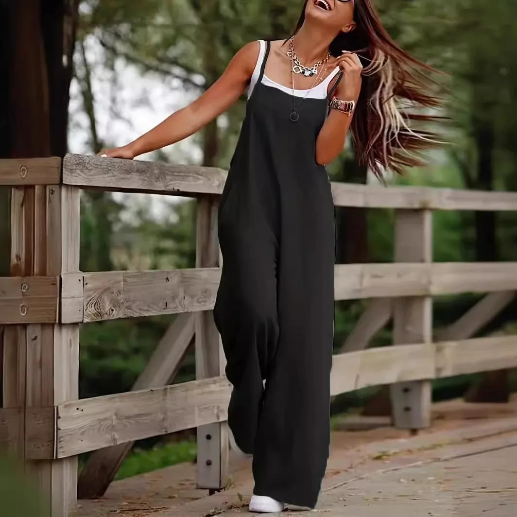 Women's Sleeveless Plus Size Jumpsuit Cotton And Linen Solid Loose Wide Leg Slash Pocket Casual Ankle-Length Pants 2024